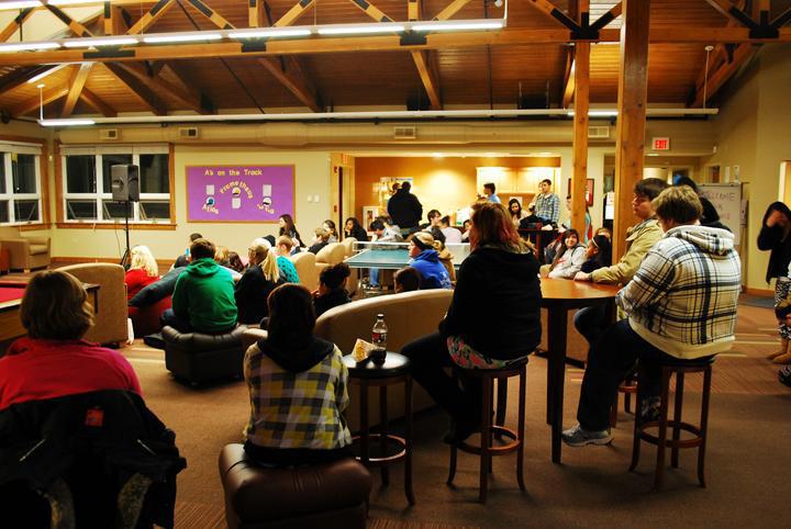 Student housing residents attend an open mic night. Housing is looking to hire seven new  resident assistants to guide and support  students living on campus.  Preface/NICK WORT