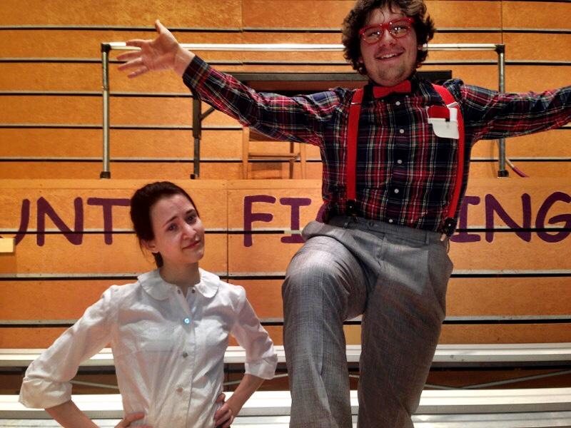 Sam Shepard(left) and Brad Pontius(right) in costume and character on the set of The 25th Annual Putnam County Spelling Bee. Photo credit/Amanda Barnett