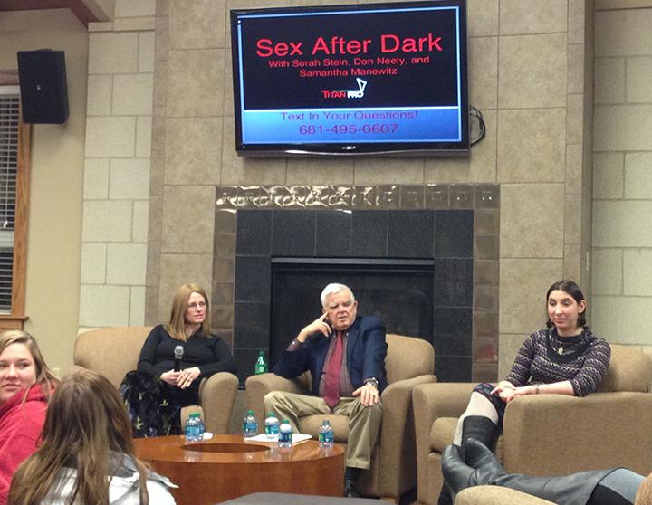 Sorah Stein, Don Neely and Samantha  Manewitz answered  students’ questions about sex submitted via text at Wednesday’s “Sex after Dark” event in student  housing.  (Preface photo/ GEOFF LESAR)