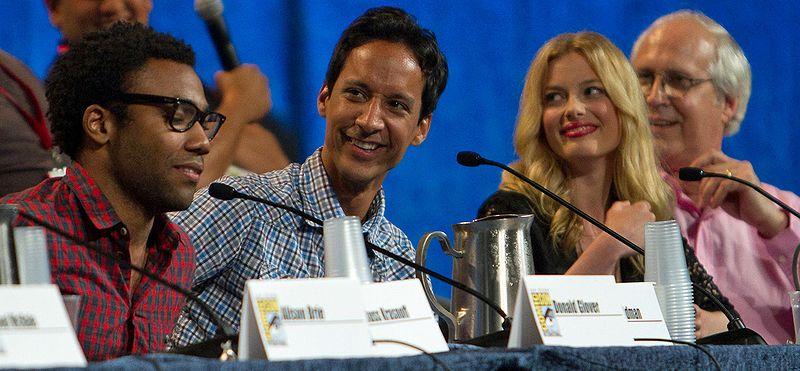 “Community” cast, from left to right: Former cast member Donald Glover, Danny Pudi, Gillian Jacobs, and former cast member Chevy Chase. The show, now in the midst of its fifth season, airs Thursday nights at 8 p.m. on NBC.  (Photo/Wikimedia Commons)