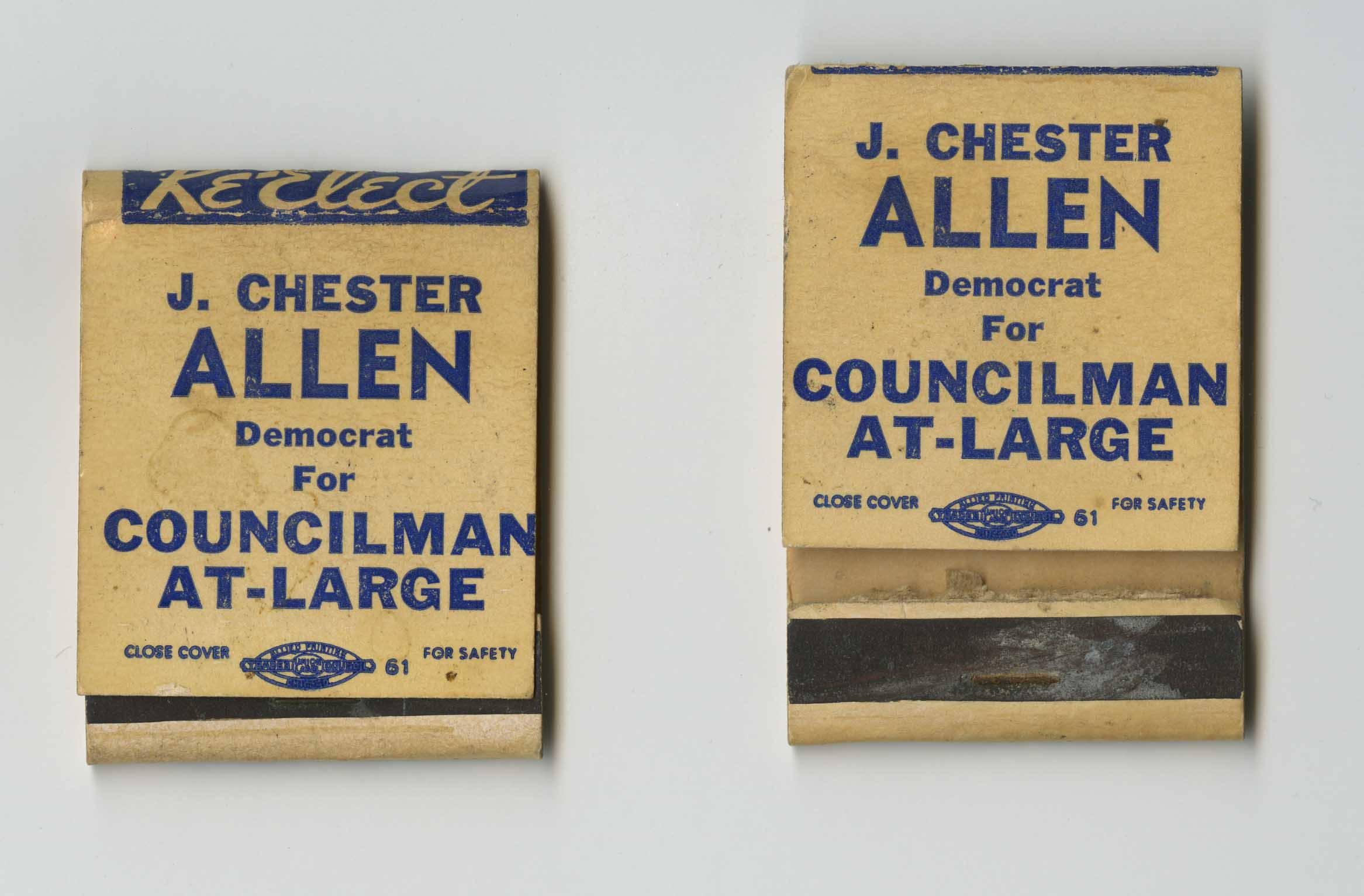 J. Chester Allen was the first African American to serve on South Bend’s Common Council. Matchbooks used for his campaign. Circa 1963. Photo credit/Michiana Memory Website
