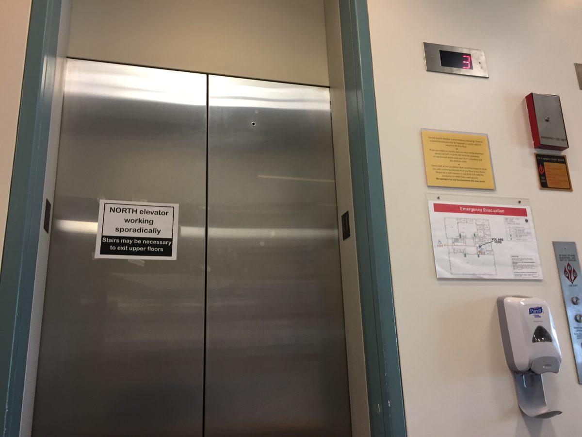 The north elevator in the library is working occasion because of water damage from heavy rainfall. However, staff still recommends that students take the stairs to get to the upper floors.

Photo/Kate Luce
