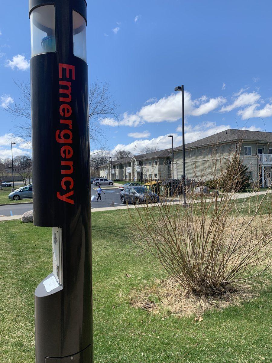 An emergency call box on seen at River Crossing Housing. PHOTO BY/ZACHARY BEAUCHAMP
