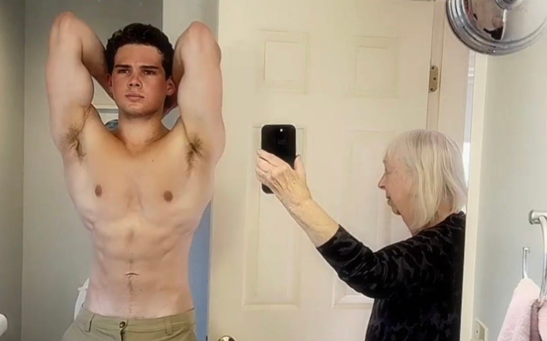 Photo // Braden Peters - 
LOOKSMAXXING. Clavicular poses as his grandmother takes a photo of him.
